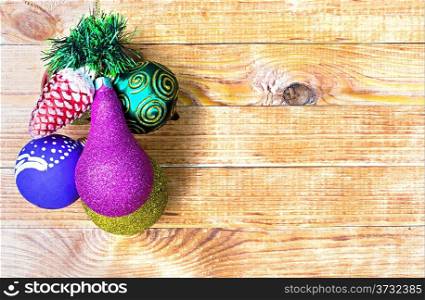 Christmas border with decoration, New Year&rsquo;s toys, on a wooden background