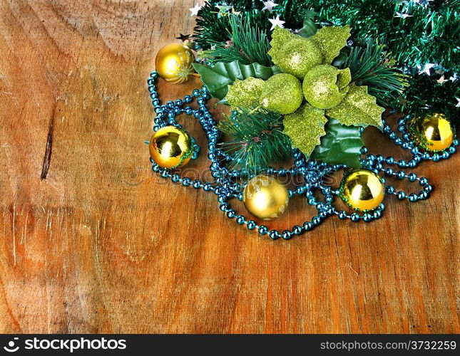 Christmas border with decoration, ornament on a wooden background