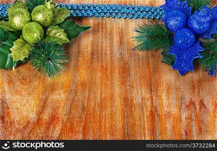 Christmas border with decoration, ornament on a wooden background