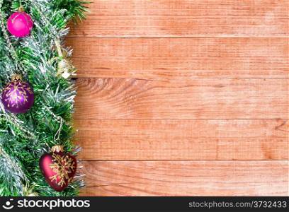Christmas border with decoration, ornament on a wooden background