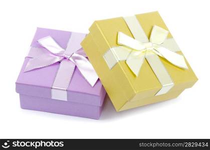 Christmas box gifts with satin bow isolated on white background