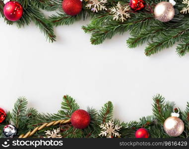 christmas branches border with christmas decorations, copy space