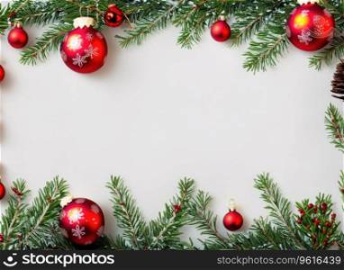 christmas branches border with christmas decorations, copy space