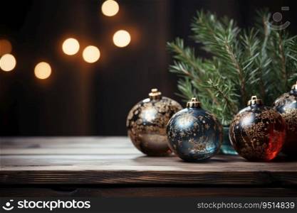 Christmas bulbs and tree branch on wooden table