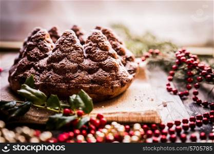 Christmas cake on wooden background