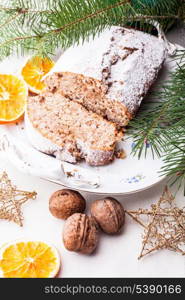 Christmas cake with walnuts and orange peel