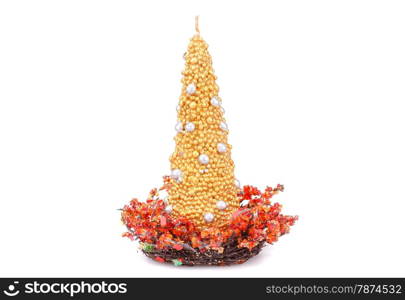 Christmas candle and decoration with red stones isolated on white background.