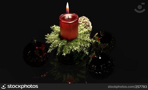Christmas candle and ornaments over indoor dark background - 3d rendering. Christmas candle and ornaments over indoor dark background