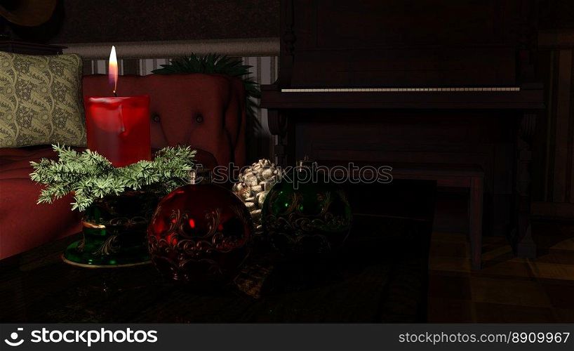 Christmas candle and ornaments over indoor dark background. Christmas candle and ornaments over indoor dark background - 3d rendering