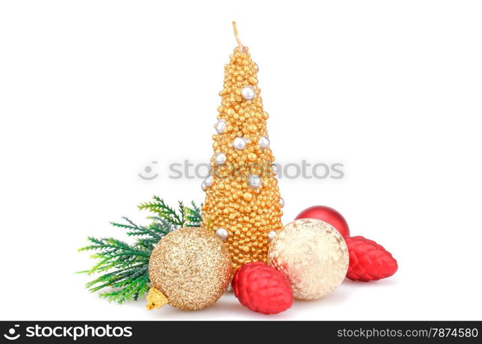 Christmas candle and toys isolated on white background.