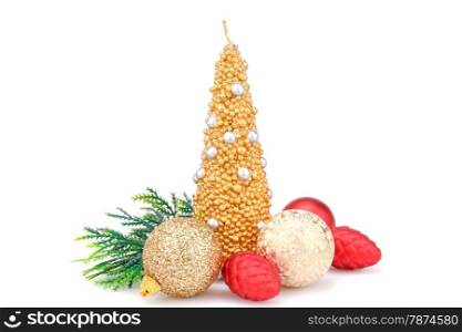 Christmas candle and toys isolated on white background.