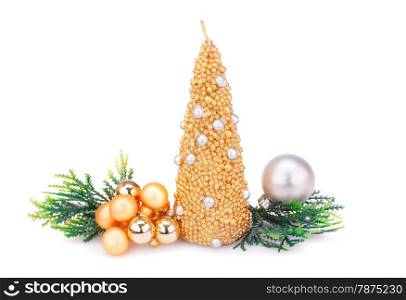Christmas candle, balls and fir tree branches isolated on white background.