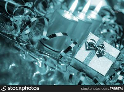 Christmas candles and gift boxes. Blue color