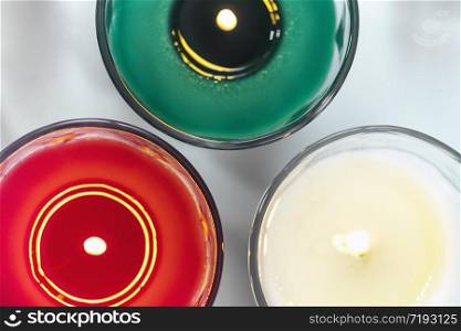 Christmas Candles. Red, green and white candle from above.. Christmas Candles From Above
