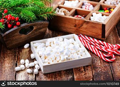 christmas candy in box and on a table