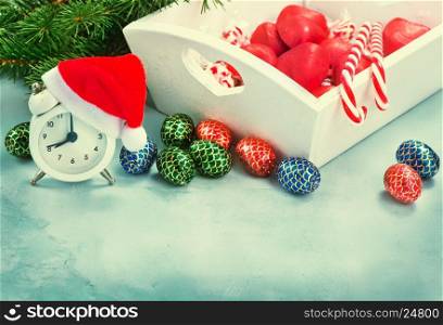 christmas candy on a table, chocolate candy and christmas decoration