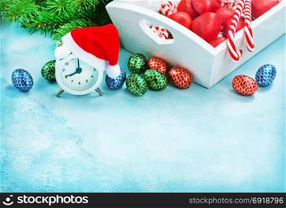 christmas candy on a table, chocolate candy and christmas decoration