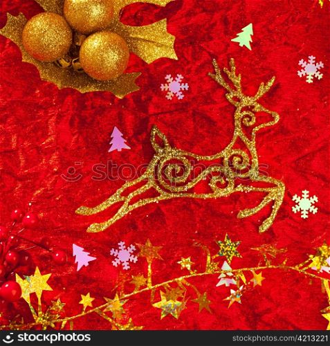 Christmas card background golden and red with baubles stars santa reindeer