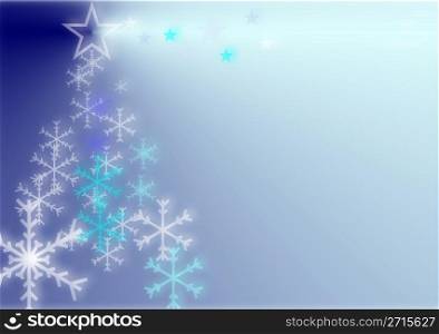 Christmas card. Christmas greeting card with tree and snow on blue background