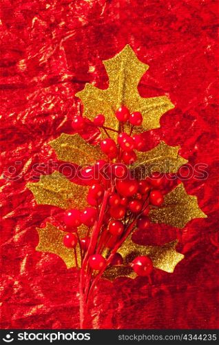 Christmas card of golden leaf and red berries