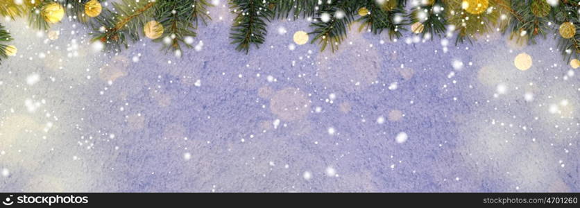 christmas card or new year snowy glittering background with fir-tree branches. new year background on snow