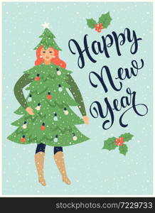 Christmas card or poster with girl dressed like a fir tree and celebrating a new year. Christmas card or poster with girl dressed like a fir tree and celebrating a new year.