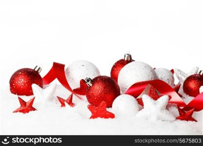 Christmas card with beautiful decorations in snow