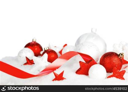 Christmas card with beautiful decorations in snow isolated on white