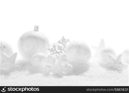 Christmas card with beautiful white decorations in snow