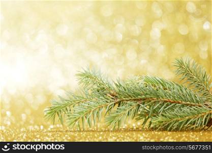 Christmas card with natural green fir branchon glitter background