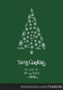 Christmas card with snowflakes Christmas tree in dark green color with text lettering: Merry Christmas and Happy New Year
