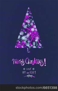 Christmas card with snowflakes Christmas tree in purple neon color with text lettering: Merry Christmas and Happy New Year