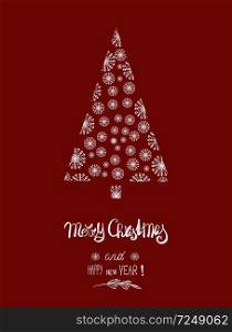 Christmas card with snowflakes Christmas tree on red with text lettering: Merry Christmas and Happy New Year