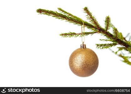 Christmas celebration holiday background with copyspace - Christmas-tree decoration bauble on decorated Christmas tree branch isolated on white background. Decoration bauble on decorated Christmas tree iso
