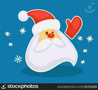 Christmas character, new year old man with beard Santa Claus wearing hat and waving hand vector. Snowing snowfall and snowflakes, welcoming gesture of senior person, winter holiday celebration. Christmas character, new year old man with beard Santa Claus