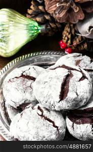 Christmas chocolate cookies. Chocolate homemade cookies with cracks for Christmas