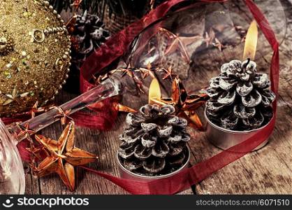 Christmas . Christmas decorations and toys on wooden background