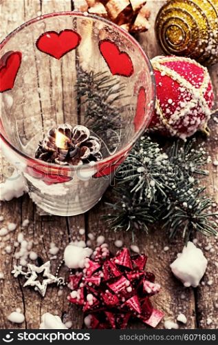 Christmas . Christmas decorations and toys on wooden background