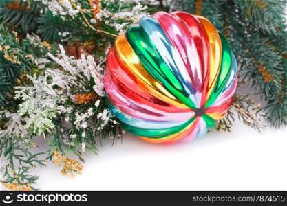 Christmas colorful ball, fir-tree branch on white background.
