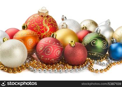 Christmas colorful decoration baubles and beads isolated on white