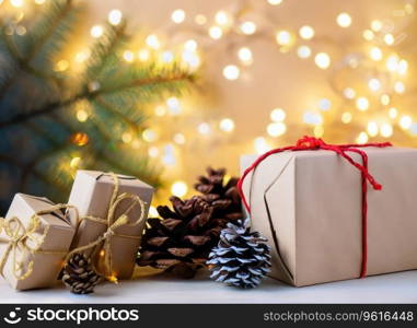 Christmas composition. Christmas gift, knitted blanket, pine cones, fir branches on bokeh background. Flat lay, top view, copy space