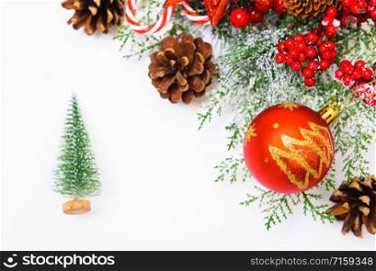 Christmas composition decorations, fir tree branches on white background. Merry Christmas concept. Copy space for text