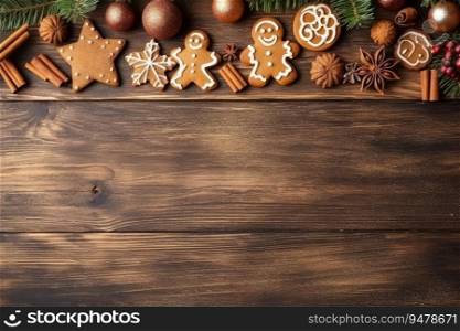 Christmas composition, frame with ginger snap, cookie and gingerbread, on brown wooden background. Generative AI