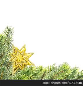 Christmas composition green with fir branches and golden star isolated on a white background, with space for text