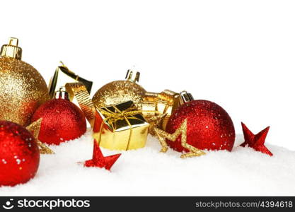 Christmas composition is with colorful balls on snow