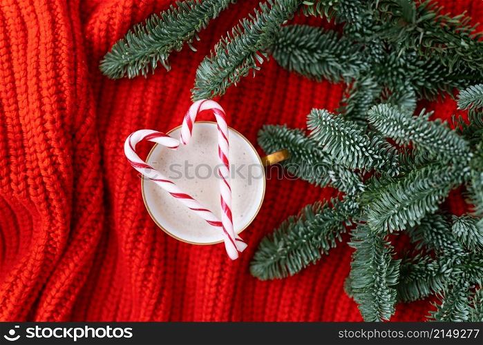 Christmas composition made of Norwegian Nobilis pine and decorated with lights and candy canes in the form of a cane. A cup of cappuccino with a candy cane in the shape of a heart. Christmas and New Year concept. Christmas composition made of Norwegian Nobilis pine and decorated with lights and candy canes in the form of a cane. A cup of cappuccino with a candy cane in the shape of a heart. Christmas and New Year concept.