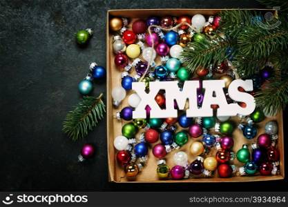 Christmas composition on dark vintage background - Little Christmas balls