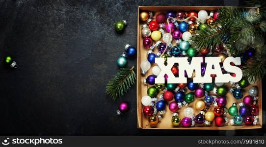 Christmas composition on dark vintage background - Little Christmas balls