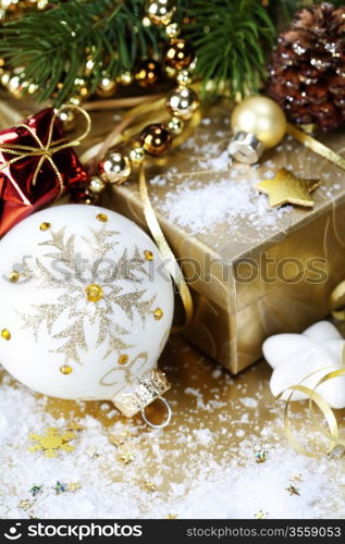 Christmas composition with gift box and decorations