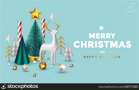 Christmas composition with white, blue and gold Christmas trees, and traditional white Scandinavian toy deer. Vector 3d illustration